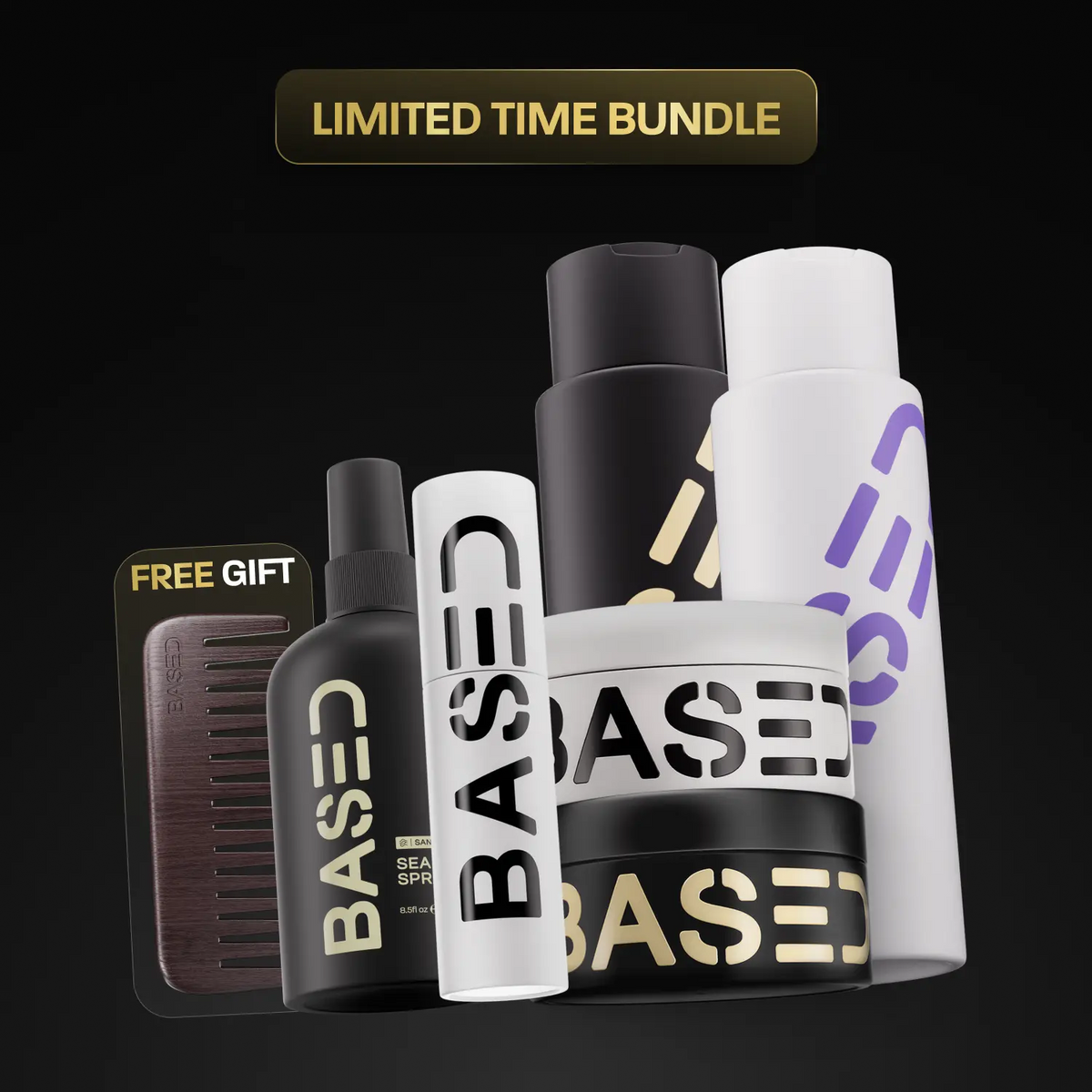 BASED Deluxe Straight/Wavy Hair Kit | Shampoo, Conditioner, Texture Powder, Hair Clay, Pomade, Sea Salt Spray + Wooden Comb | Science-Backed, High Performance
